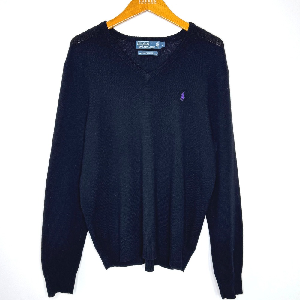 Vintage Polo Ralph Lauren Lambswool V‎ neck Sweater Men's Large Black